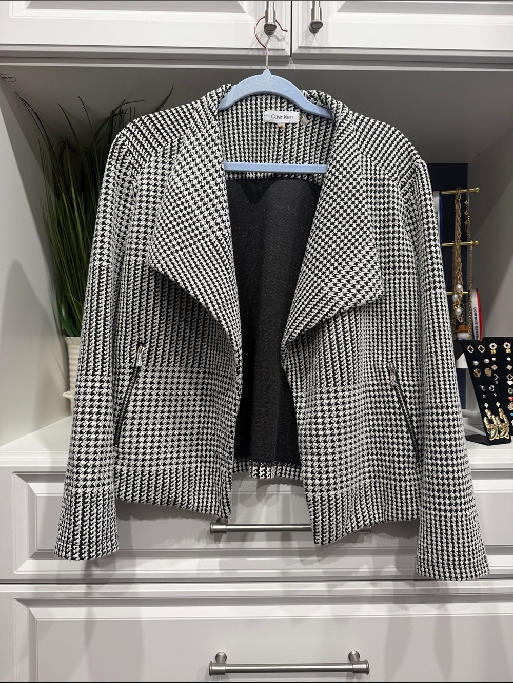 Calvin Klein Black & White Houndstooth Draped Open Front Jacket SZ L